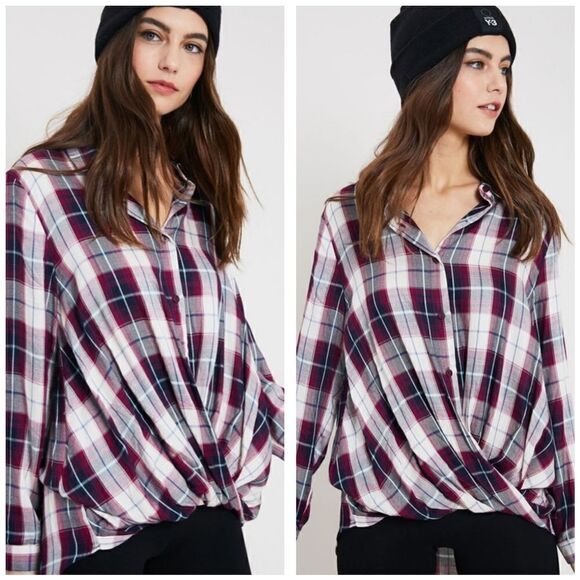 Front Twist Purple Plaid Button Down Hi-Lo Blouse - Picture 3 of 5